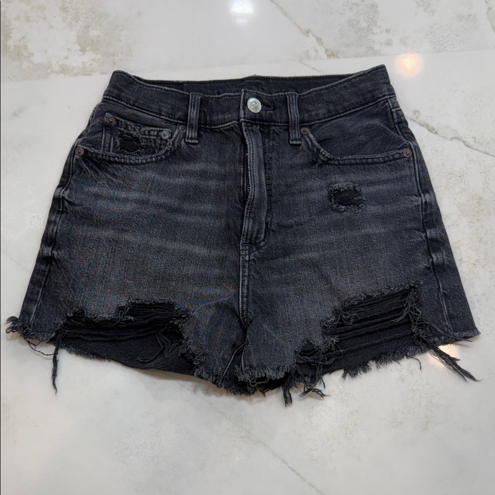 American Eagle Women Distressed Black Denim Shorts Stretch Size 00